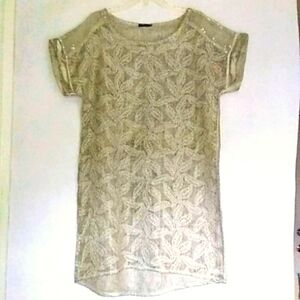LINEN MIDI DRESS SHIFT by Italy's Lungo L' Arno Taupe Cream Hi-Lo Hem Size Large